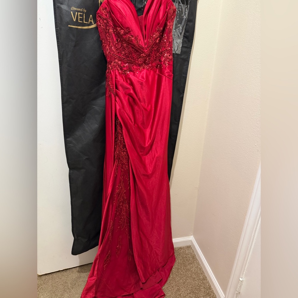 Red Satin Prom Dress with Lace Sheer Side Panel